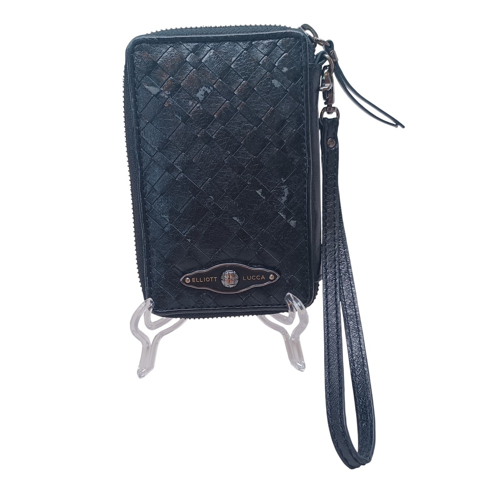 Elliott Lucca Black Woven Leather Zip Around Wristlet Wallet Phone Case Organize